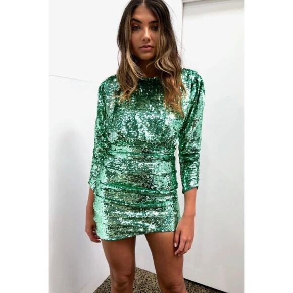 For Love and Lemons Marais Green Sequin Mini Dress with Open Back size S J3 - Picture 2 of 9